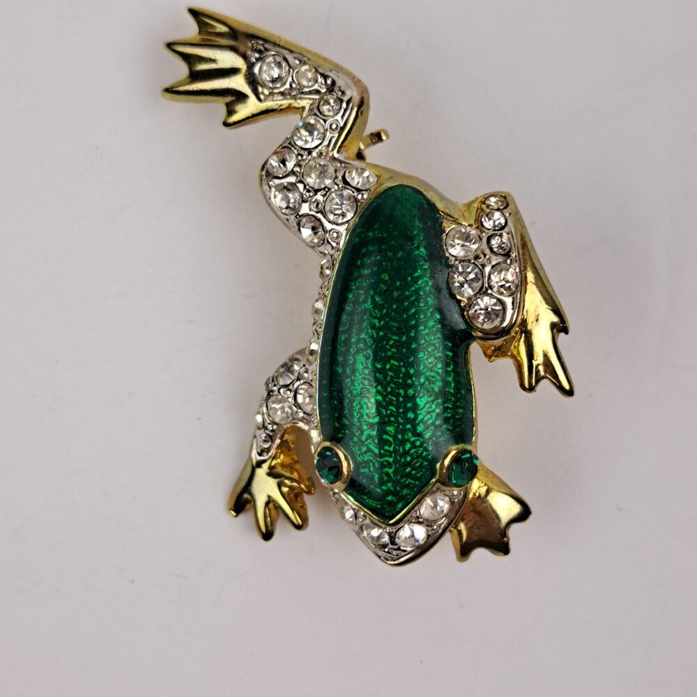 Vintage Green Frog Rhinestone Gold Tone Brooch Pin